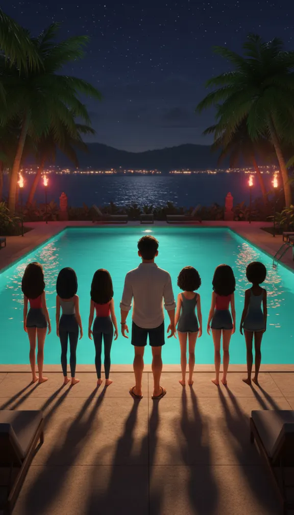 Six silhouettes de dos, face à une piscine éclairée, la nuit